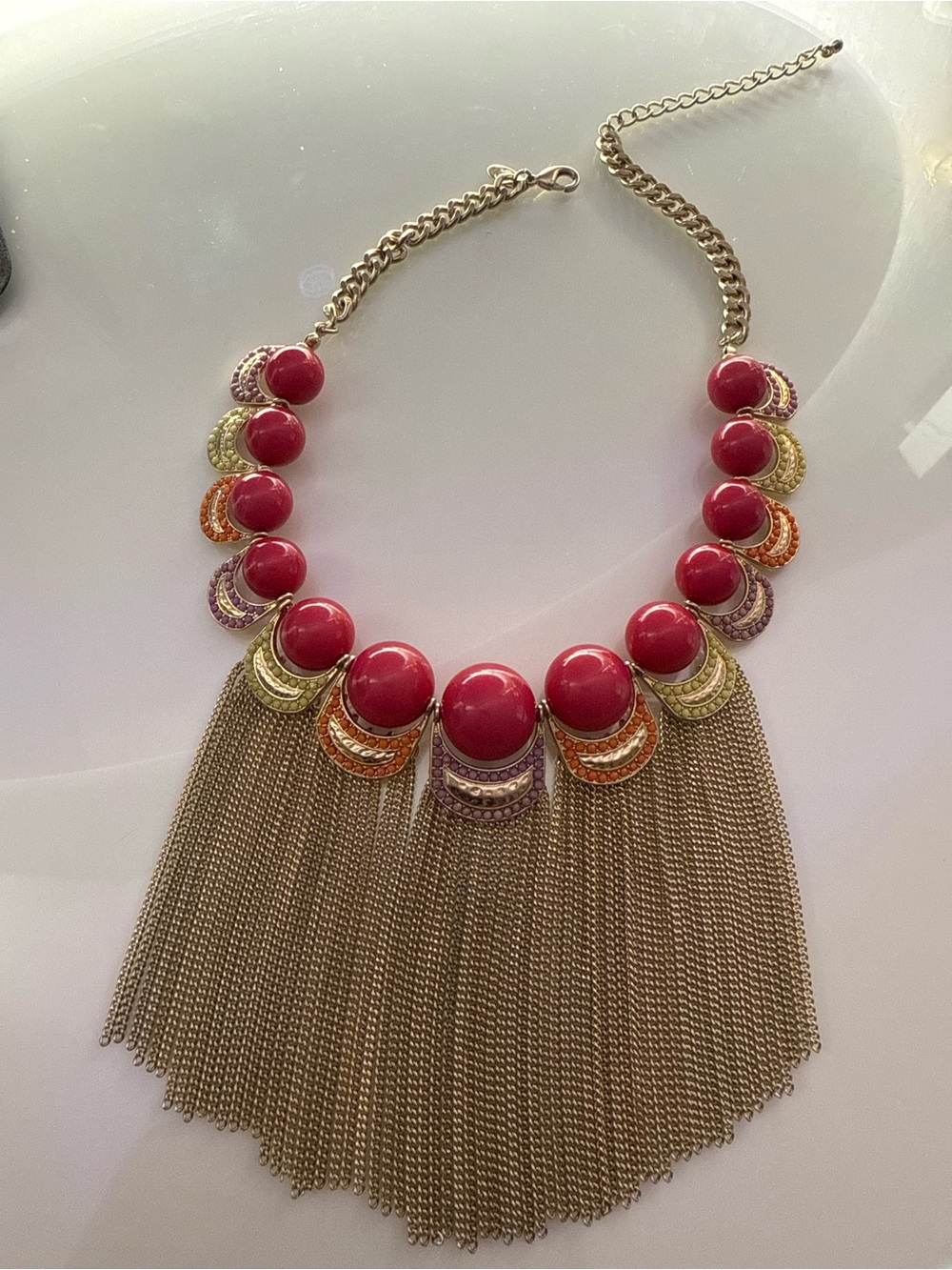Charming Charlie Gold-Tone Fringe Necklace with Pink and Multicolor Accents